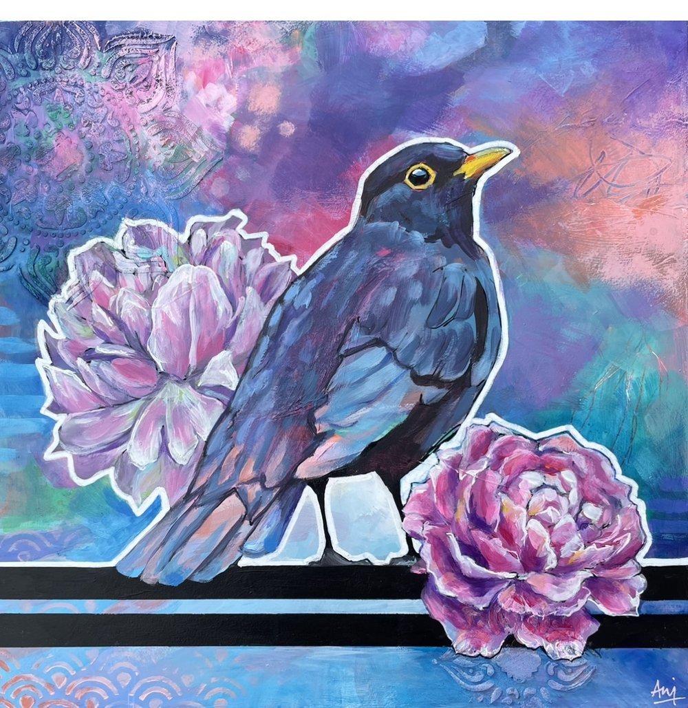 Beau - Framed Original Blackbird Painting