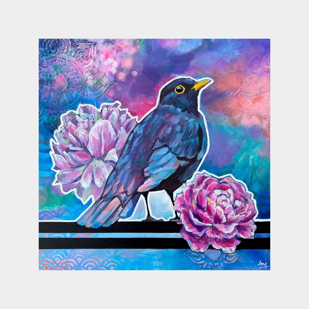 Beau - Framed Original Blackbird Painting