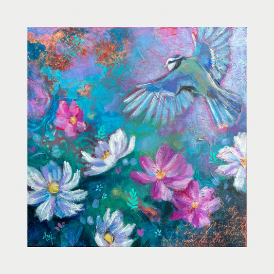 Vivacity - Original Blue Tit & Flowers Painting